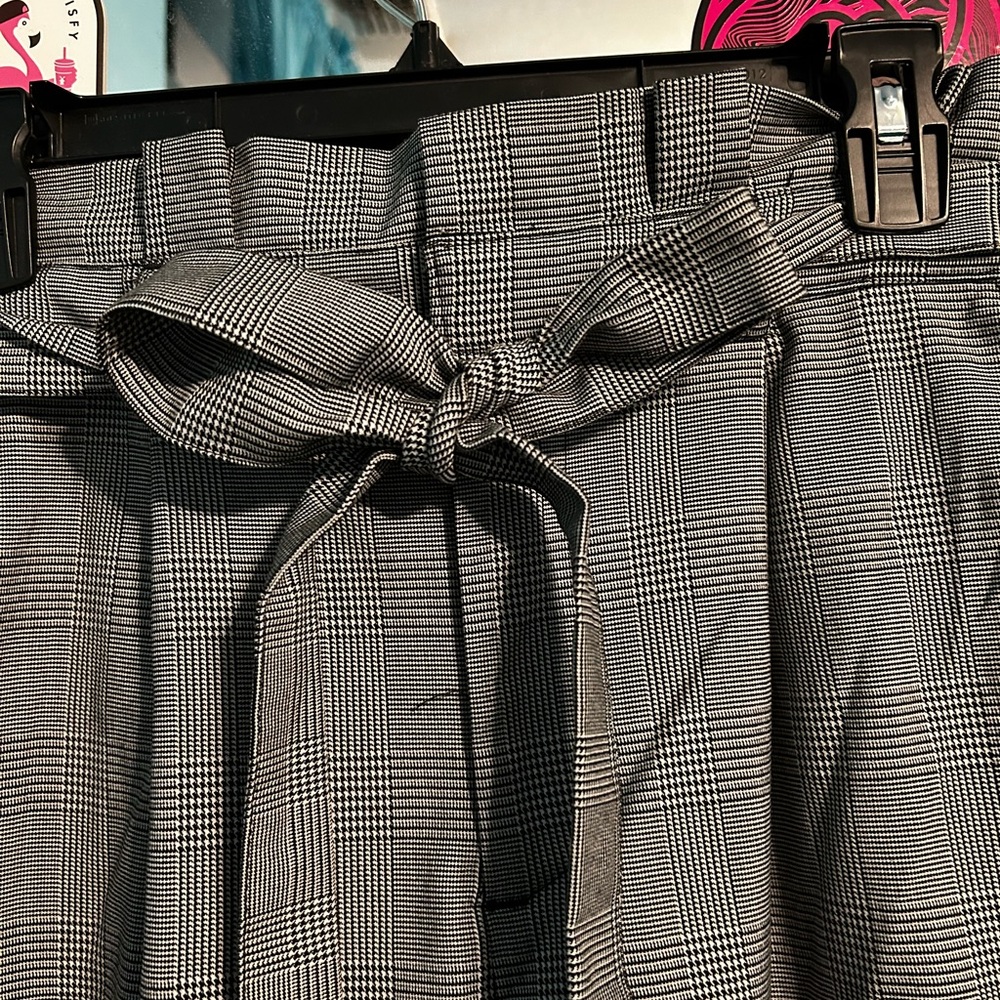 Black and White Plaid Belted Pants